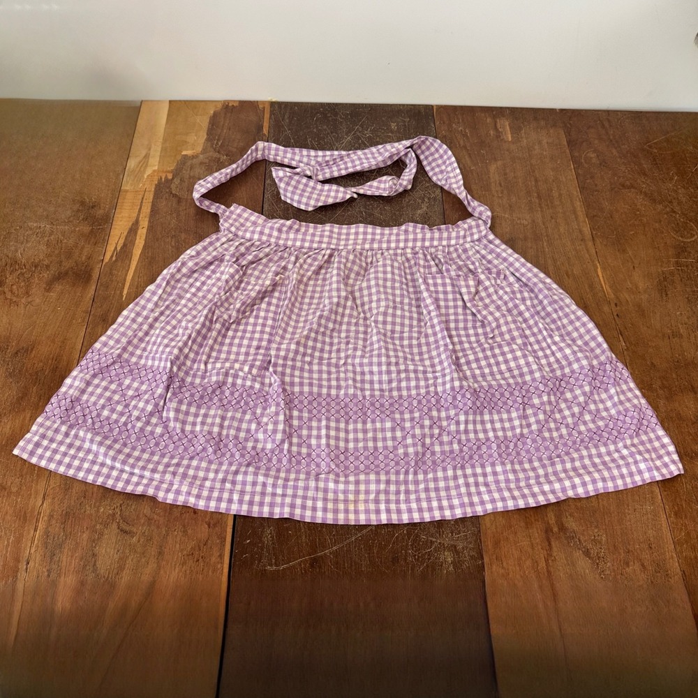 Vintage Purple Gingham Half Apron Hand Embroidered‎ Chicken Scratch Cross Stitch